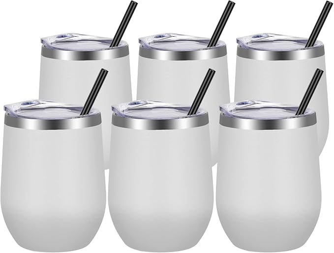 VEGOND Wine Tumblers Bulk 6 Pack, 12oz Stainless Steel Stemless Wine Glass with Lids and Straws, Double Wall Vacuum Insulated Tumbler Cup, Coffee Mug for Cold Hot Drinks