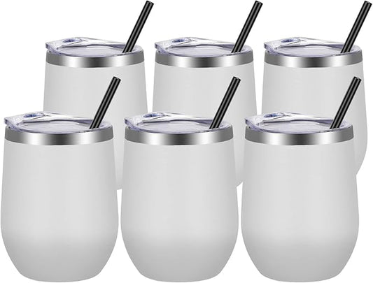 VEGOND Wine Tumblers Bulk 6 Pack, 12oz Stainless Steel Stemless Wine Glass with Lids and Straws, Double Wall Vacuum Insulated Tumbler Cup, Coffee Mug for Cold Hot Drinks