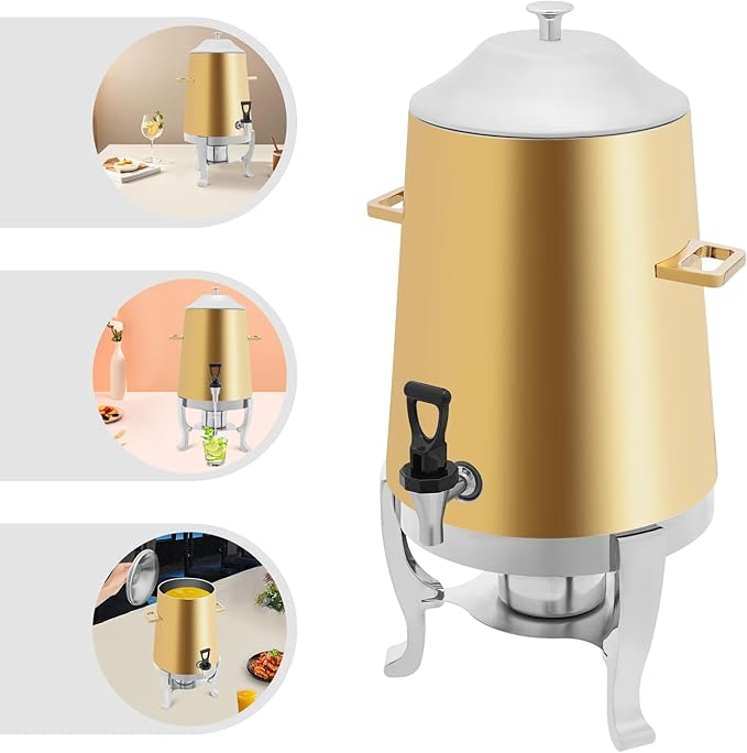 Stainless Steel Beverage Dispensers, Drink Dispenser with Fuel Holder & Base & Stainless Steel Faucet 3.4Gal Hot Beverage Dispenser, Commercial Coffee Urn for Hotels, Canteens（Golden Barrel Body）