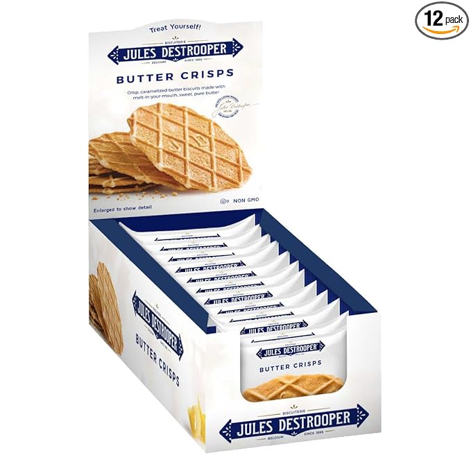 Jules Destrooper Butter Crisps - Caramelized Waffle Cookies, Certified Kosher Dairy, Non-GMO, Authentic Biscuits Made in Belgium - 1 Sleeve with 12 Pouches