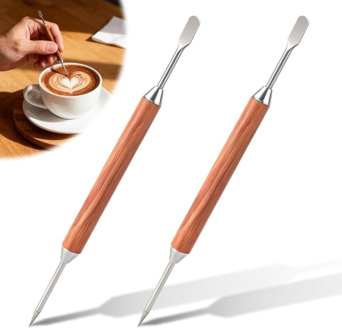 2 PC Latte Art Pen Set, Stainless Steel Coffee Drawing Tool with Wood Handle, Double - Ended Latte Art Pen for Barista, Home & Cafe Use to Create Intricate Coffee Designs