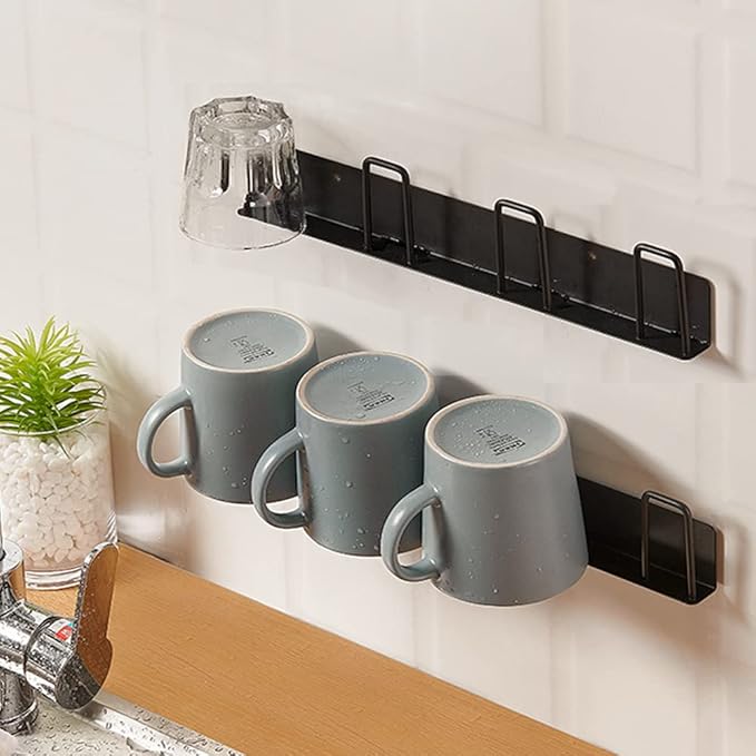 2pcs Mug Hooks Wall-mounted Mug Holder, Coffee Cups Holder Hanger no Drilling,mug rack Hooks with 4 cup holders,Cups Storage Hooks for kitchen, living room, office (Black)