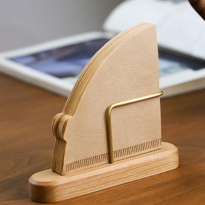 Coffee Filter Holder Wooden Stand, Brass & Wood Coffee Filter Paper Organizer Rack Holds 35 Filters, Cone Fan Shaped Filter Storage for Pour Over Coffee Bar & Kitchen Use