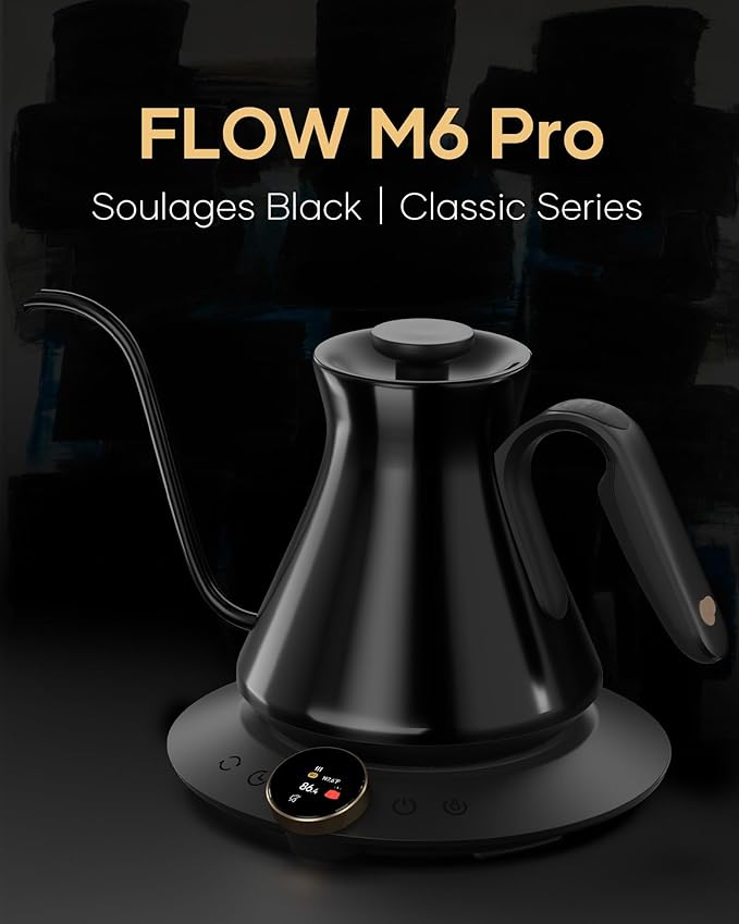 Cocinare FLOW M6 Pro Electric Gooseneck Kettle, ±0.5℉ Temperature Control for Pour-over Coffee & Tea, Stainless Steel Interior, Quick Heating for Boiling Water (Soulages Black)