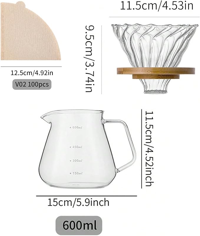 Pour Over Coffee Maker Set – Drip Coffee Pot with bamboo Handle, Glass Coffee Dripper & 100 Filters, 20oz/600ml Capacity