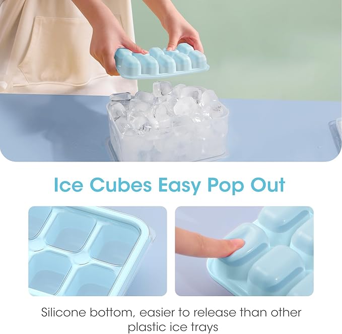 DOQAUS Ice Cube Tray with Lid and Bin - 4 Pack Silicone Ice Cube Trays for Freezer, Stackable Ice Bucket Kits with Storage Container & Scoop for Kitchen, RV, Cocktail, Coffee