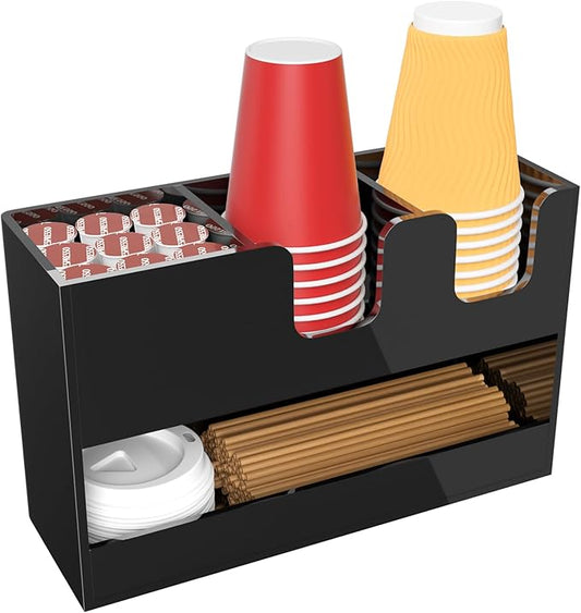 Coffee Condiment and Cup Organizer - 2-Tier Upright Cup and Lid Holder with Straw Organizer 4 Compartments Black Acrylic Cup Dispenser for Restaurant Breakroom Coffee Station Countertop