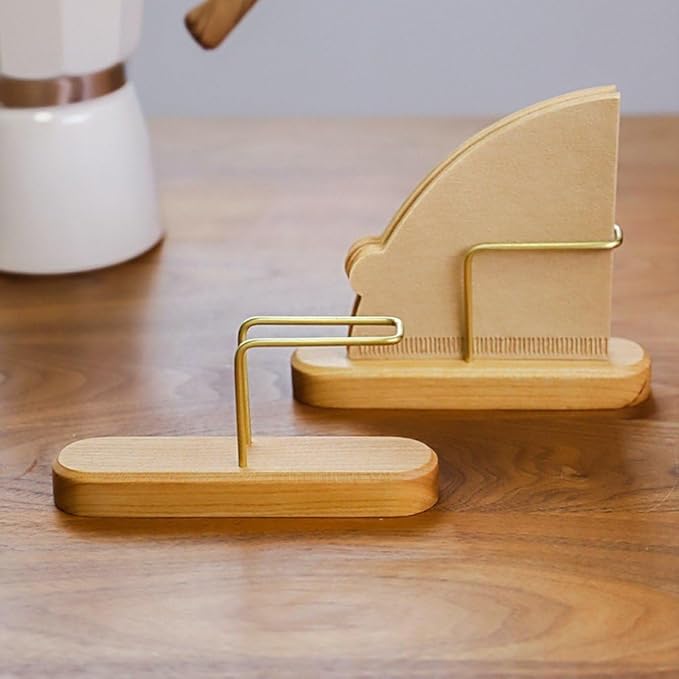 Coffee Filter Holder Wooden Stand, Brass & Wood Coffee Filter Paper Organizer Rack Holds 35 Filters, Cone Fan Shaped Filter Storage for Pour Over Coffee Bar & Kitchen Use