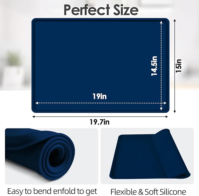 TOHONFOO Silicone Coffee Maker Mat with Lip, 19.7'' x 15'' Heavy Duty Coffee Maker Mat for Countertops, Coffee Tray Fit Under Coffee Machine Appliance Automatic Machines Espresso Accessory, Navy Blue