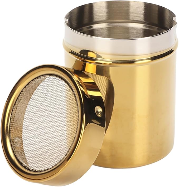 Stainless Steel Powder Shaker Powder Sugar Shaker,Gold Fine Mesh Powder Sugar Shaker Stainless Steel Sugar Shaker for Lid for Sifter Cocoa,Cinnamon Powder,Coffee Sugar Shakers