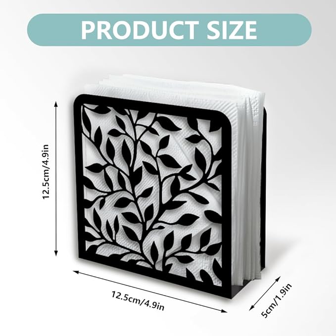 Leaves and Branch Decorative Black Metal Napkin Holder for Table, 4.9" x 4.9" x 1.9" Standing Napkin Holder for Home Kitchen Restaurant Picnic Party Coffee Bar Dining Room