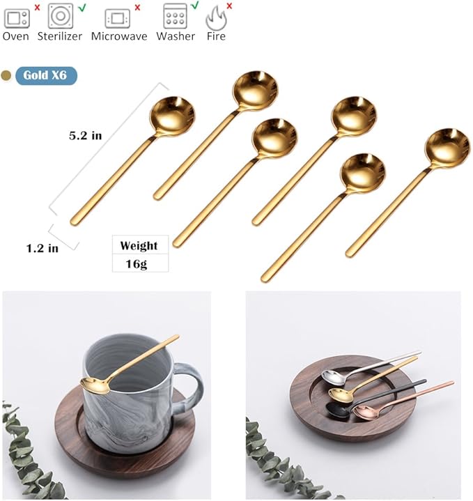 6 PCS Gold Coffee Spoons, 18/8 Stainless Steel Espresso Spoons, 5.2 Inches Vogue Mini Tea Spoon, Cappuccino Stirring Small Spoon for Dessert, Ice Cream, Frosted Handle, Sweejar (Gold)