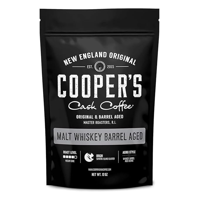 Whiskey Barrel Aged Coffee, Single-Origin Sumatra Beans Aged in American Malt Whiskey Barrels, Medium Dark Roast Whole Bean, 12 oz