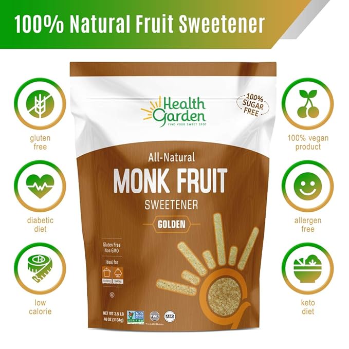 Health Garden Monk Fruit Sweetener, Golden- Non GMO - Gluten Free - 1:1 Sugar Substitute - Kosher - Keto Friendly (2.5 lbs)