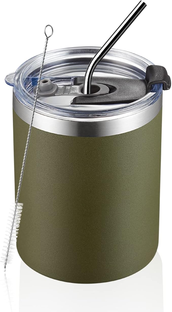 MEWAY 12 oz Lowball, Tumbler Stainless Steel Double Wall Vacuum Insulated Mug with Straw and Lid, Cleaning Brush ，Durable Powder Coated Insulated Coffee Cup for Cold & Hot Drinks (Army Green,1 Pack)