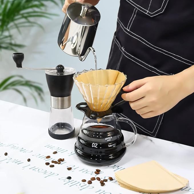 SOTECH Pour Over Coffee Maker Set with Black Gooseneck Kettle Wooden Filter Holder Coffee Dripper Glass Server with Paper Coffee Filters,DIY Manual Coffee Maker Set (Eco-Setbag)