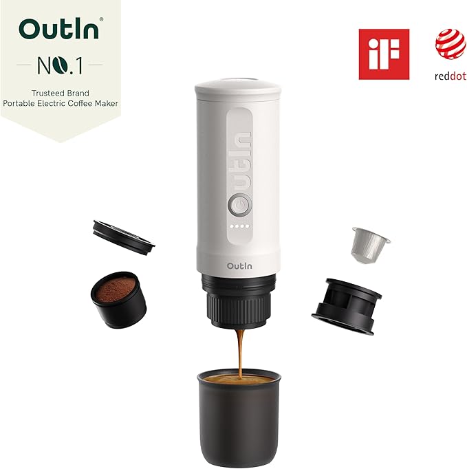 OutIn Nano Portable Electric Espresso Machine, Travel Coffee Maker for Camping, Car Coffee Maker Self-Heating with USB-C, With Ground Coffee & NS Capsule for RV, Hiking, Office