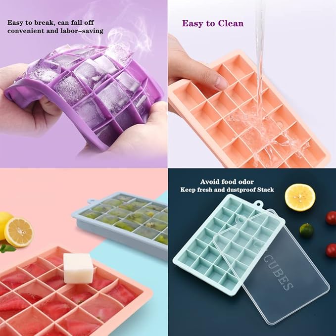 Ice Cube Tray, 3 Pack Silicone Ice Cube Molds, Ice Cube Trays, Silicone Ice Trays, Easier to Release, BPA Free for Alcohol/Coffee/Beverages (Pink, Light blue, Purple)