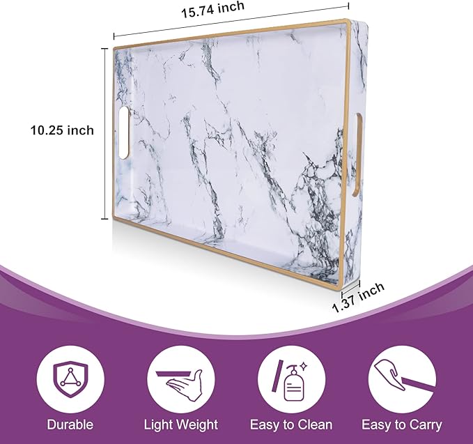 Gifturbo White Serving Tray, Marble Serving Trays with Handles,Rectangular Coffee Table Ottoman Tray Decorative Plastic Tray with Gold Rim for Living Room, Bathroom,Decor,15.7 x 10.2 x1.37 inches