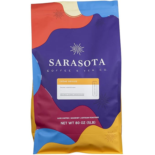 Sarasota Coffee Whole Bean Creme Brulee | Medium Roast Gourmet Flavored Coffee Beans | Low Acid, Mold Free, Specialty Grade Bulk Beans | 5lb (80 oz)