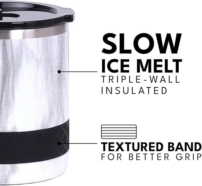 Elemental Recess Lowball Tumbler, 10oz Triple Wall Stainless Steel Cup with Non-Shattered Tritan Lid, Insulated Whiskey Glass, Insulated Coffee Tumbler Mug for Hot & Cold Drinks - White Marble