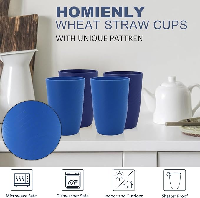 Homienly Wheat Straw Cups 6 PCS Plastic Cups Reusable Unbreakable Drinking Cup Dishwasher Safe Water Glasses (16 OZ,Blue Sky)