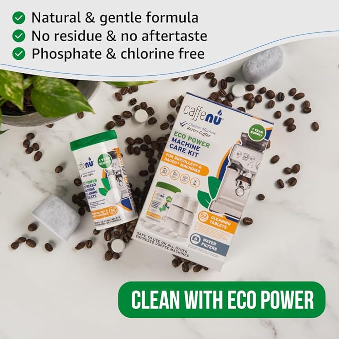 Caffenu Breville Compatible Cleaning Tablets & Water Filter. 52 Espresso Machine Cleaning Tablets & 6 Breville Filters for Espresso Machine. Removes Build-up & Filters Water Impurities. Years Supply.