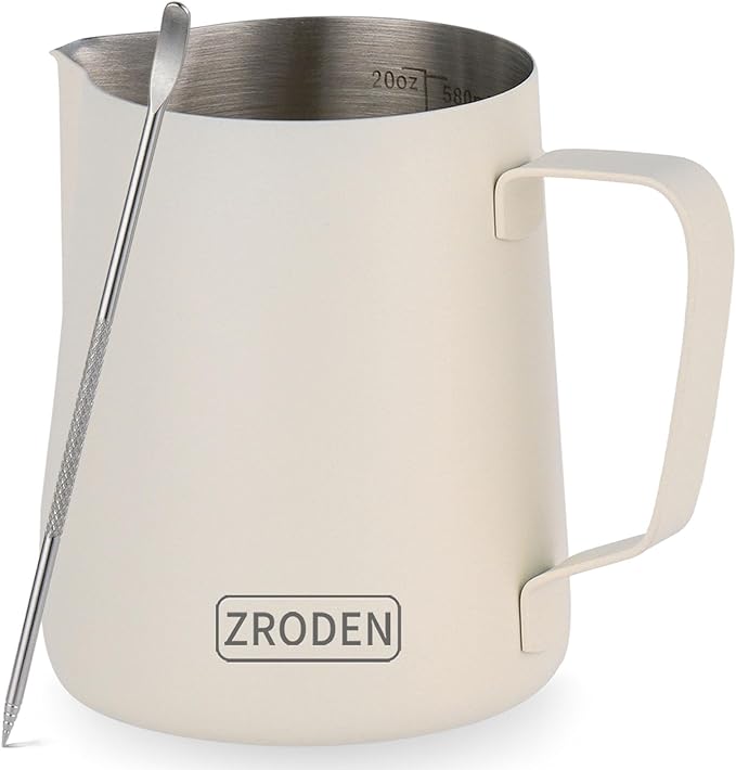 Milk Frothing Pitcher, 20oz Espresso Steaming Pitchers Stainless Steel Milk Coffee Cappuccino Barista Steam Pitchers Milk Jug Cup with Decorating Pen Latte Art, Matte White