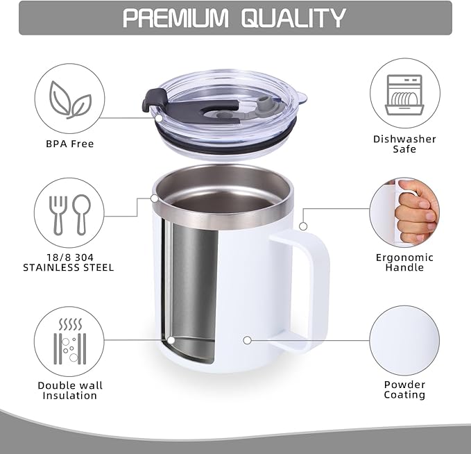 Volhoply 12oz Insulated Leakproof Coffee Mug with Flip & Straw Lid Bulk 8 Pack,Double Wall Vacuum Stainless Steel Travel Tumbler Cup with Handle,Reusable Camping Mugs Keep Cold/Hot(Assorted,8 Set)