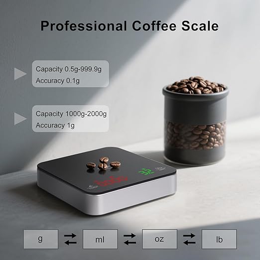 QP Mini Coffee Scale with Timer, 2kg/0.1g Accuracy Rechargeable Digital Espresso Scale with Timer, 3 Modes Digital Gram Scale for Coffee, g/ml/oz/lb, Capacitive Touch Control, Tempered Glass Surface