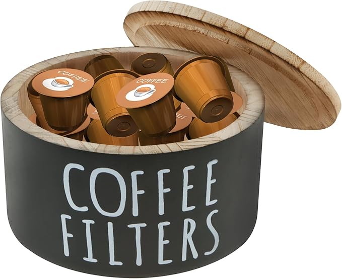 Wooden Coffee Filter Holder & Storage Organizer - Large Capacity Rustic Coffee Filter Dispenser with Bamboo Lid, Multipurpose Coffee Pod & Filter Basket for Bar Counter, Kitchen, or Coffee Bar Decor