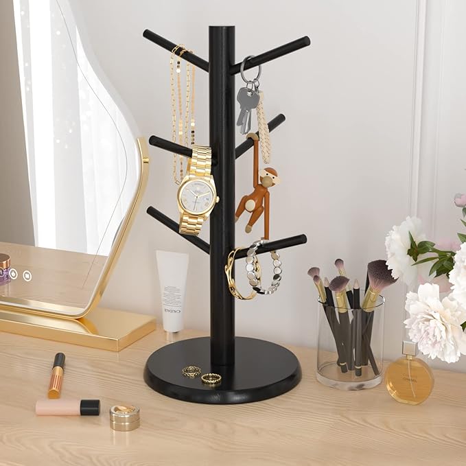 Wisuce Black Coffee Mug Tree Bamboo Mug Holder Coffee Cup Stand Mug Holders for Countertop Coffee Mug Rack Organizer Stand (Black Basic)