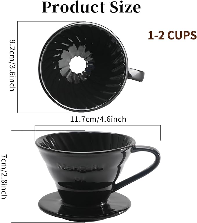 Mongdio V60 Ceramic Pour Over Coffee Dripper, Reusable Porcelain Portable Pour Over Coffee Maker, Slow Brewing Accessories with 1 Holes for Home - Size 01 Black