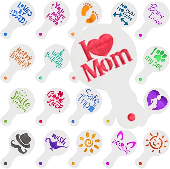 20Pcs Reusable Coffee Stencils for Latte Art - Mother's Day Stencils - Coffee Decorating Kit - Reusable Christmas Cookie Decorating Kit - Cookie Stencil for Cakes