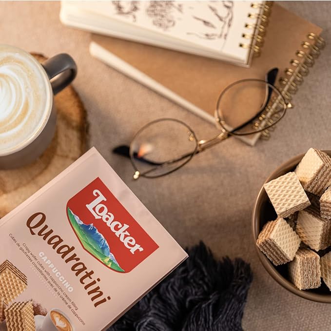 Loacker Quadratini Cappuccino Wafer Cookies LARGE - Premium Crispy Bite Size Wafers - 30% Less Sugar - NON-GMO - LARGE Pack of 6