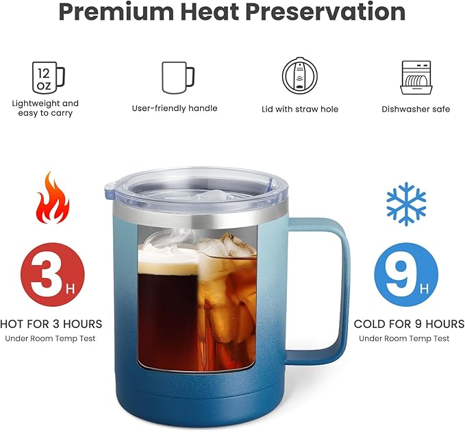 MEWAY 12oz Coffee Mug With Handle and Sliding Lid,Stainless Steel Travel Tumbler Cup with Handle,Double Wall Vacuum Insulated Camping Cup for Hot & Cold Drinks Tea (Blue Waves,Set of 1)