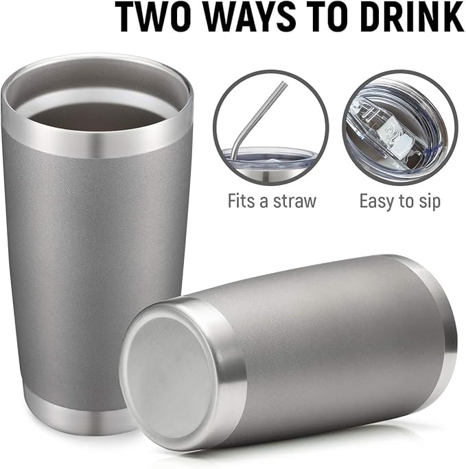 COMOOO 20oz Double Wall Vacuum Insulated Travel Mug, Stainless Steel Tumbler with Lid and Straw Durable Powder Coated Insulated Coffee Cup for Cold & Hot Drinks (Grey. 2 pack
