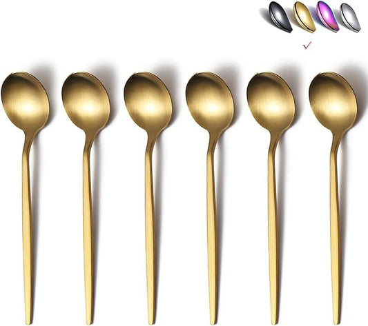 Matt Gold 6 Piece Teaspoons, 6.6'' Silverware, Stainless Steel Tea Spoons for Home or Restaurant, Dishwasher Safe