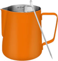 Milk Frothing Pitcher, 12 oz Milk Frother Cup with Clear Scale, 304 Stainless Steel Cappuccino Espresso Machine Accessories for Barista Coffee Bar with Latte Art Pen, Orange