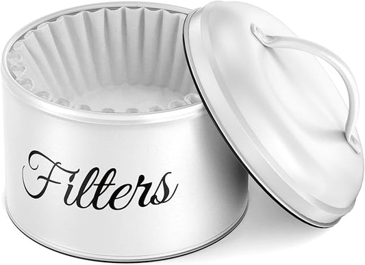 Coffee Filter Holder for Counter, Coffee Filter Storage with Lid, Round Container for Bar Accessories Decor (White)