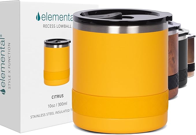 Elemental Recess Lowball Tumbler, 10oz Triple Wall Stainless Steel Cup with Non-Shattered Tritan Lid, Insulated Whiskey Glass, Insulated Coffee Tumbler Mug for Hot & Cold Drinks - Citrus
