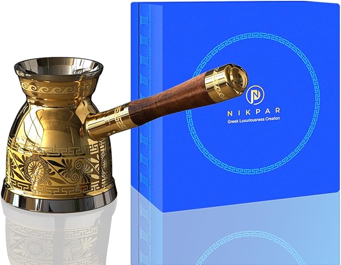 NIKPAR Luxury Greek Coffee Pot Macedonian Collection, Turkish Arabic Coffee Pot, Coffee Maker, Patent Detachable Handle Cezve, Briki Laser Engraved, Luxurious Gift Box (16 oz Medium)