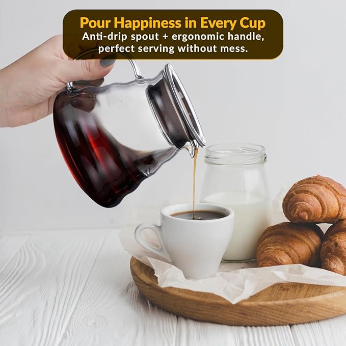 CASA BRAVA Glass Pour Over Coffee Maker Set – 28oz (850ml) Heat-Resistant Carafe with Stainless Steel Reusable Dripper, Bamboo Stand & Measuring Spoon – Plastic-Free Drip Coffee Brewer