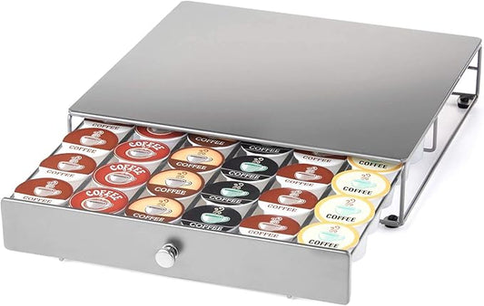 Nifty Coffee Pod Drawer - Silver Finish, Compatible with K-Cups, 36 Pod Pack Holder, Non-Rolling, Compact Under Coffee Pot Storage Sliding Drawer, Slim Home Kitchen Counter Organizer