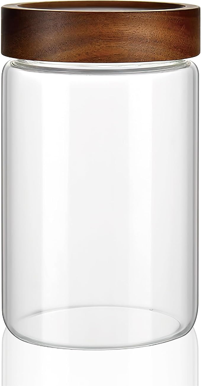 28 oz/850 ml Clear Glass Storage Canister with Airtight Wooden Screw Lid, Medium Cute Decorative Glass Container Jar for Coffee,Spice,Candy,Salt,Cookie,Condiment,Pepper,Sugar,Overnight Oatmeal