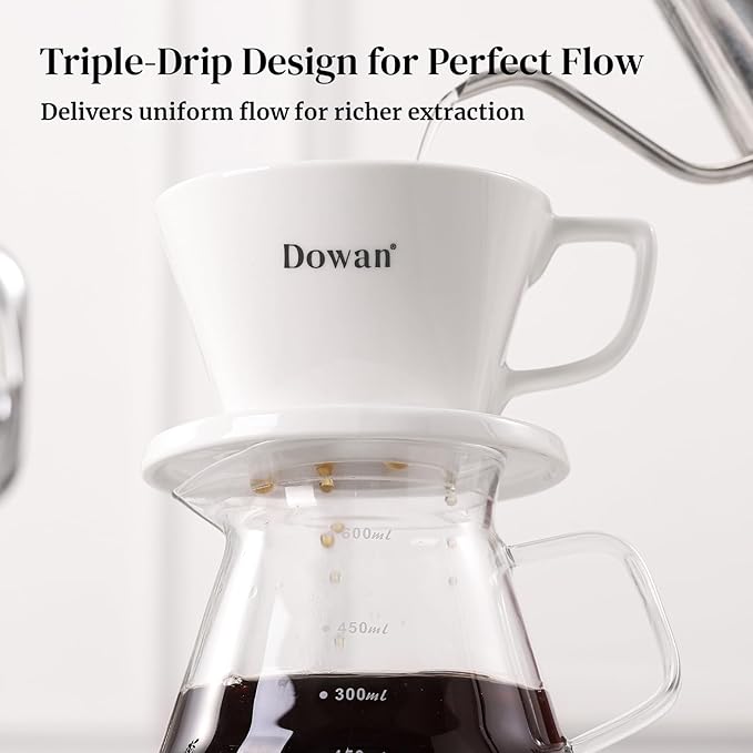 DOWAN Pour Over Coffee Maker, Non-Electric Pour Over Coffee Dripper with Open Base Design, Manual Brew Maker, Single Cups Porcelain Slow Brewing Accessories for Gifts, White
