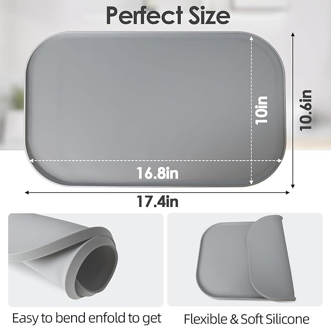 TOHONFOO Silicone Coffee Maker Mat with Lip, 17.4'' x 10.6'' Heavy Duty Coffee Maker Mat for Countertops, Coffee Tray Fit Under Coffee Machine Appliance Automatic Machines Espresso Accessory, Grey