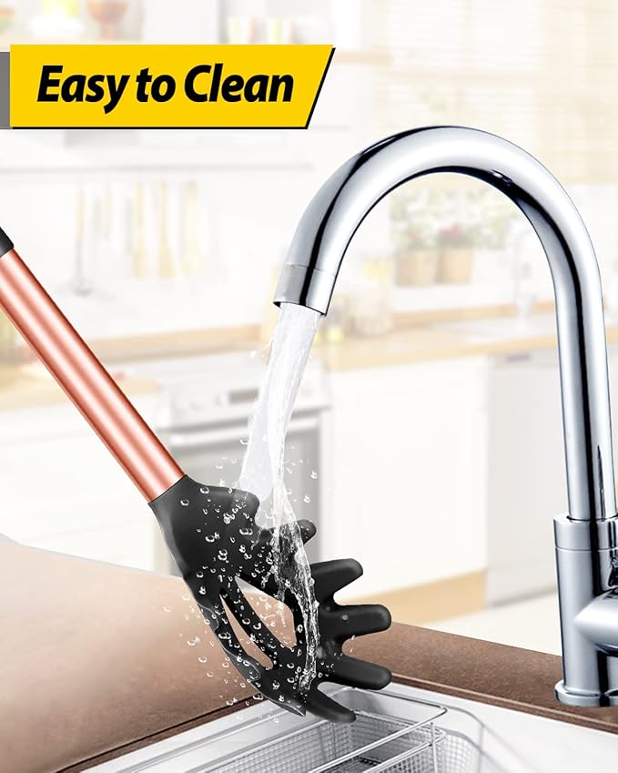 Pack of 2 Silicone Pasta Fork, Kitchen Heat Resistant Noodle Spoon Server, BPA Free Spaghetti Strainer, Best Cooking Tools (ROSE GOLD BLACK-KHAKI)