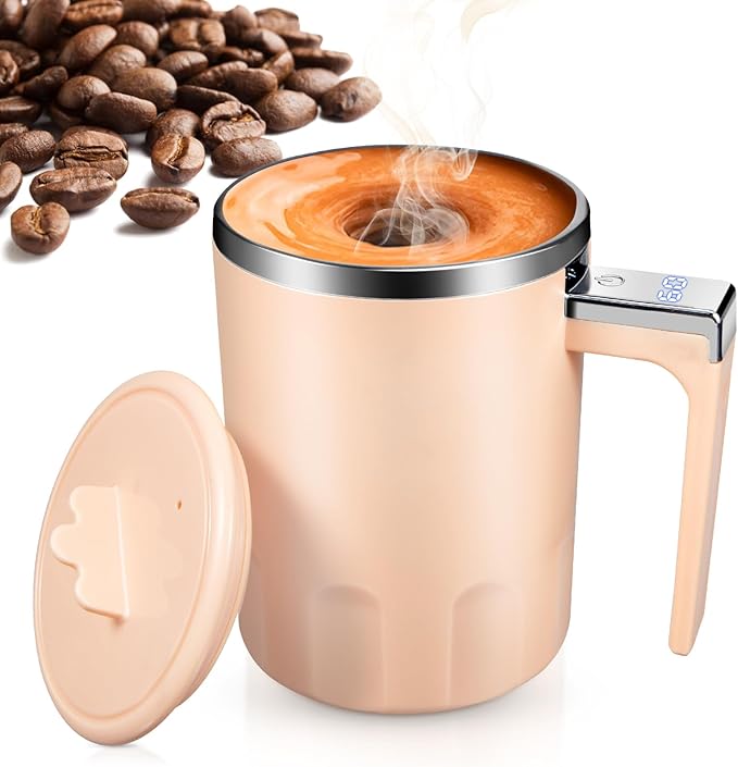 Self Stirring Coffee Mug: 2025 New Rechargeable Auto Magnetic Stirring Mixing Mug with Temperature Display,13oz Stainless Steel Travel Coffee Cup for Office, Home, Kitchen, Best Gift (Pink)