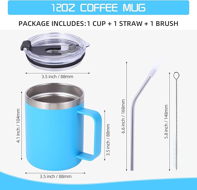 Volhoply 12oz Insulated Leakproof Coffee Mug with Flip & Straw Lid Bulk 8 Pack,Double Wall Vacuum Stainless Steel Travel Tumbler Cup with Handle,Reusable Camping Keep Cold/Hot(Blue,8 Set)
